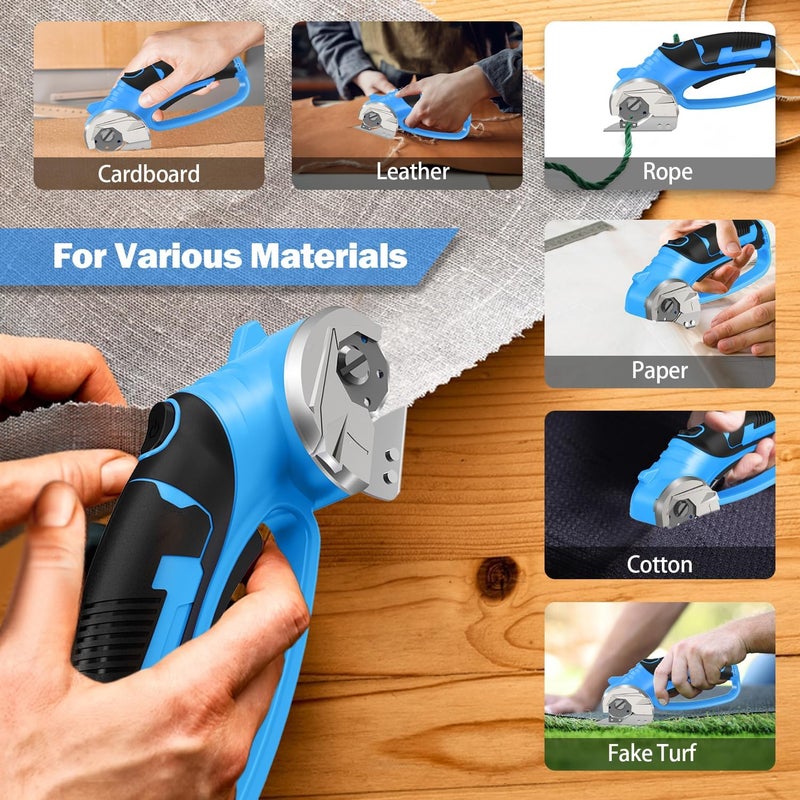 Pratuor Cordless Electric Scissors, 4V Box Cutter & Cardboard Cutter with 2 Titanium Blades - Rotary Cutter with LED Light for Fabric, Leather, Carpet, Plastic, Crafting + Storage Case (Blue) - Image 2